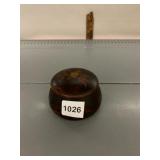 WOODEN TRINKET BOX, ROUND FORM, LIDDED,