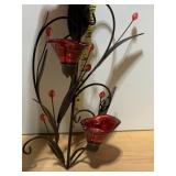 METAL FLORAL CANDLE HOLDER, RED GLASS CUPS,
