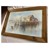 OIL PAINTING, HARBOR SCENE, WOOD FRAME, SIGNED