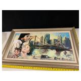 OIL PAINTING, FIGURES AND BRIDGE SCENE, SIGNED,