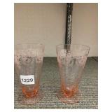 PINK DEPRESSION GLASS TUMBLERS, ETCHED FLORAL