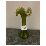 ART GLASS VASE, GREEN AND WHITE SWIRL, RUFFLED