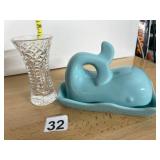 WHALE SHAPED BUTTER DISH, CERAMIC, AQUA GLAZE,