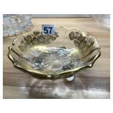 FOOTED GLASS BOWL, CLEAR GLASS, GOLD FLORAL