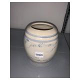 STONEWARE CROCK, CREAM GLAZE, BLUE BANDING,