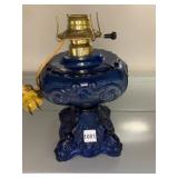 COBALT BLUE GLASS OIL LAMP, EMBOSSED SCROLLWORK