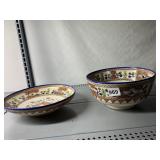 HAND-PAINTED EARTHENWARE SERVING BOWL AND SHALLOW