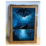 VELVET PAINTING, TROPICAL NIGHT SCENE, PALM TREE