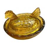 AMBER GLASS HEN ON NEST, BASKET WEAVE PATTERN,