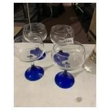 STEMMED GLASSES, CLEAR BOWLS, COBALT BLUE BASES,