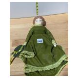 PORCELAIN DOLL, CLOTH BODY, GREEN SATIN DRESS,