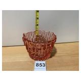 PINK PRESSED GLASS BASKET, BASKETWEAVE PATTERN,