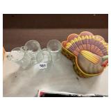 GLASS MUGS, ETCHED LEAF PATTERN, FOOTED BASE,