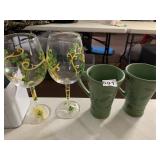HAND-PAINTED WINE GLASSES, CLOVER VINE MOTIF,