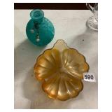 MARIGOLD CARNIVAL GLASS DIVIDED DISH, LEAF FORM,