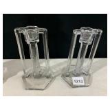 ETCHED GLASS CANDLESTICKS, CLEAR GLASS, FLORAL