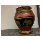 HAND-PAINTED WOODEN VASE, ELEPHANT MOTIF, GOLD