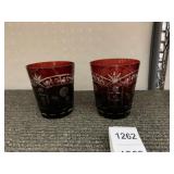 CRANBERRY GLASS TUMBLERS, CUT TO CLEAR, FLORAL