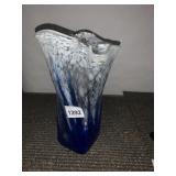 ART GLASS VASE, HAND-BLOWN, BLUE AND WHITE