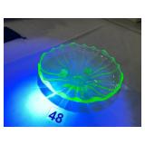 URANIUM GLASS BOWL, FOOTED, RUFFLED RIM, RIBBED