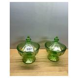 DEPRESSION GLASS COVERED CANDY DISHES, GREEN,