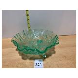DEPRESSION GLASS FOOTED BOWL, GREEN, MOLDED ROSE