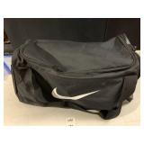 NIKE DUFFEL BAG, BLACK NYLON, ZIPPERED CLOSURE,