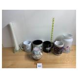 ASSORTED MUGS, GLASS VASE, DECORATIVE JAR,
