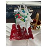 DECORATIVE DEER FIGURINE, WHITE FINISH, RED
