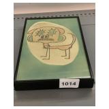 FRAMED DRAWING, WHIMSICAL DOG FIGURE, GREEN