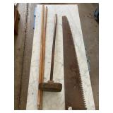 ASSORTED TOOLS, INCLUDES LARGE CROSSCUT SAW,