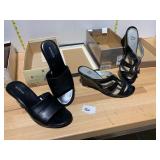 MERONA BLACK LEATHER SLIDE SANDALS, WEDGE HEEL,