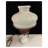 TABLE LAMP, MILK GLASS SHADE, PINK GLASS FONT,