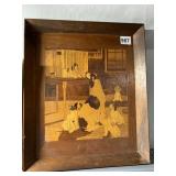 E. NEUBERT WOOD INLAY ART, DOGS IN KENNEL SCENE,