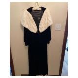 FORMAL COAT, BLACK VELVET, WHITE FAUX FUR COLLAR,