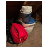 INCLUDES PLASTIC COOLERS, RED SLEEPING BAG.