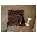 INCLUDES WOVEN TAPESTRY PILLOW, WHITE DUMBBELL.