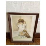 PRINT, IN DISGRACE, CHILD AND PUPPY, WOOD FRAME.