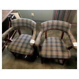 ARMCHAIRS, PAIR, PLAIDS UPHOLSTERY, WOOD FRAME,