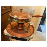 COPPER CHAFING DISH, BRASS LEGS, WOOD HANDLE,
