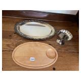 SILVER-PLATE SERVING TRAY, WOODEN CUTTING BOARD