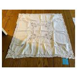 LINEN TABLE TOPPER, LACE BORDER, EMBROIDERED