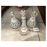 CERAMIC CRUET SET, HAND-PAINTED FLORAL MOTIF,