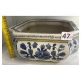 CERAMIC PLANTER, HEXAGONAL FORM, BLUE AND WHITE