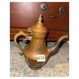COPPER AND BRASS TEAPOT, HINGED LID, DECORATIVE