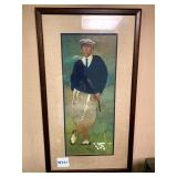 GOLF THEME PRINT, GOLFER W/ CLUBS, FRAMED.