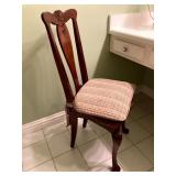 WOOD CHAIR CARVED SHELL MOTIF, PLAIDS CUSHION.