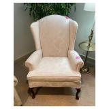 WINGBACK CHAIR, CREAM DAMASK UPHOLSTERY, LEAF