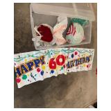 HAPPY 60TH BIRTHDAY BANNER, INCLUDES PLUSH DECOR,