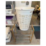 PLASTIC LAUNDRY BASKET, WOOD AND WIRE STORAGE